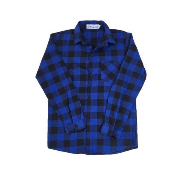 Grandwish Boys Blue and Black Plaid Button Down Shirt Size M - Picture 1 of 7